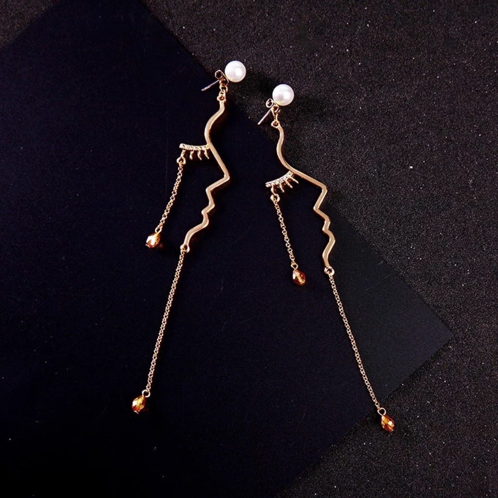 Face Abstract Beaded Tassel Stud Drop Dangle Earring